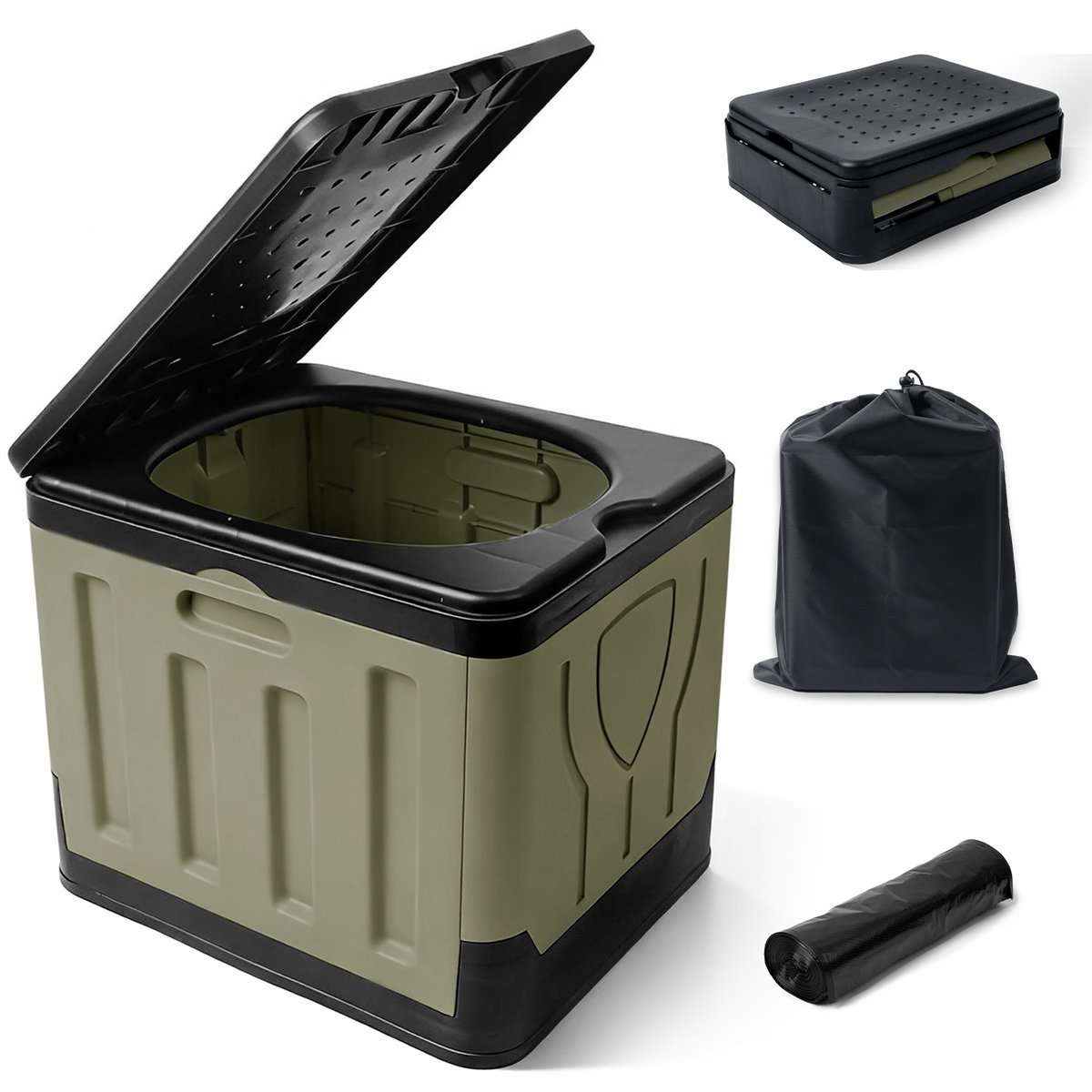 Soontrans - Draagbaar Toilet - Camping Toilet met Deksel - Toiletemmer Rechthoekig - Campingtoilet Ideaal voor Kamperen, Festivals & Outdoor - Olijfgroen