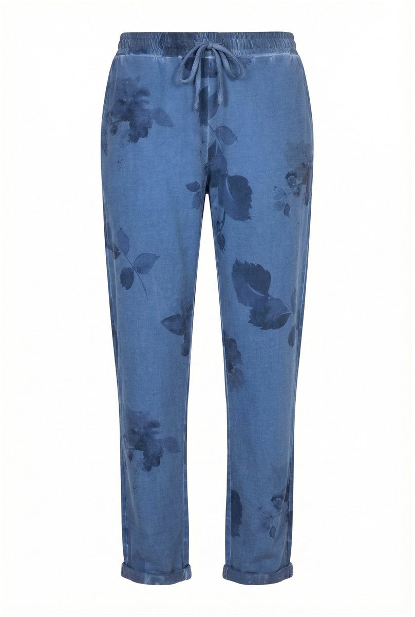 MIAMODA - Dames - Instapbroek joggingbroek jeanslook bloemmotief - Blauw denim - Maat 46