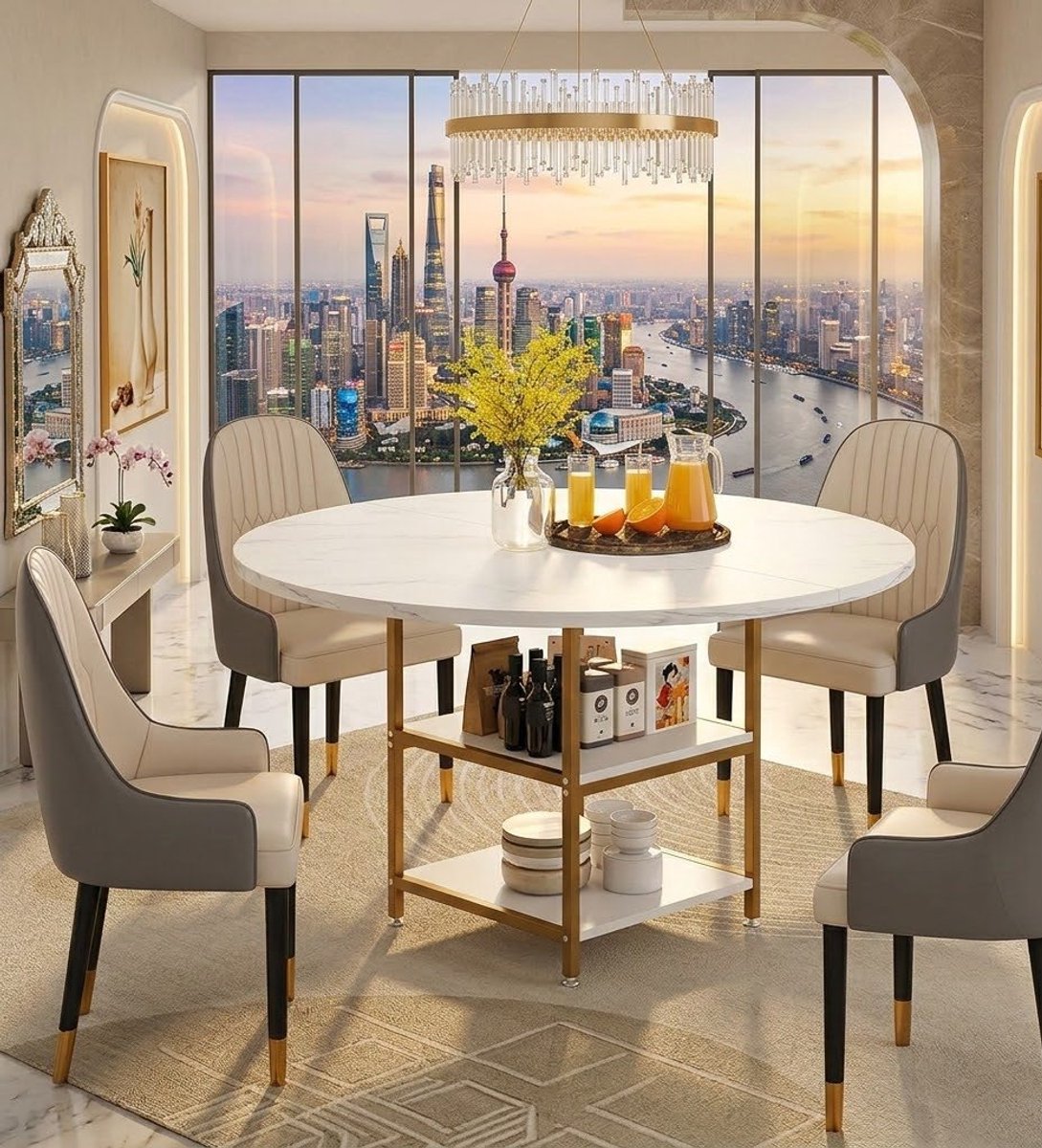 Ronde Eettafel 120 cm met Opbergplanken - Modern Witgoud Design met Houten Tafelblad - 4 personen Keukentafel / Eetkamertafel / Woonkamertafel - 75 cm Hoogte - Casa Serena – 120 cm – Casa Dorada