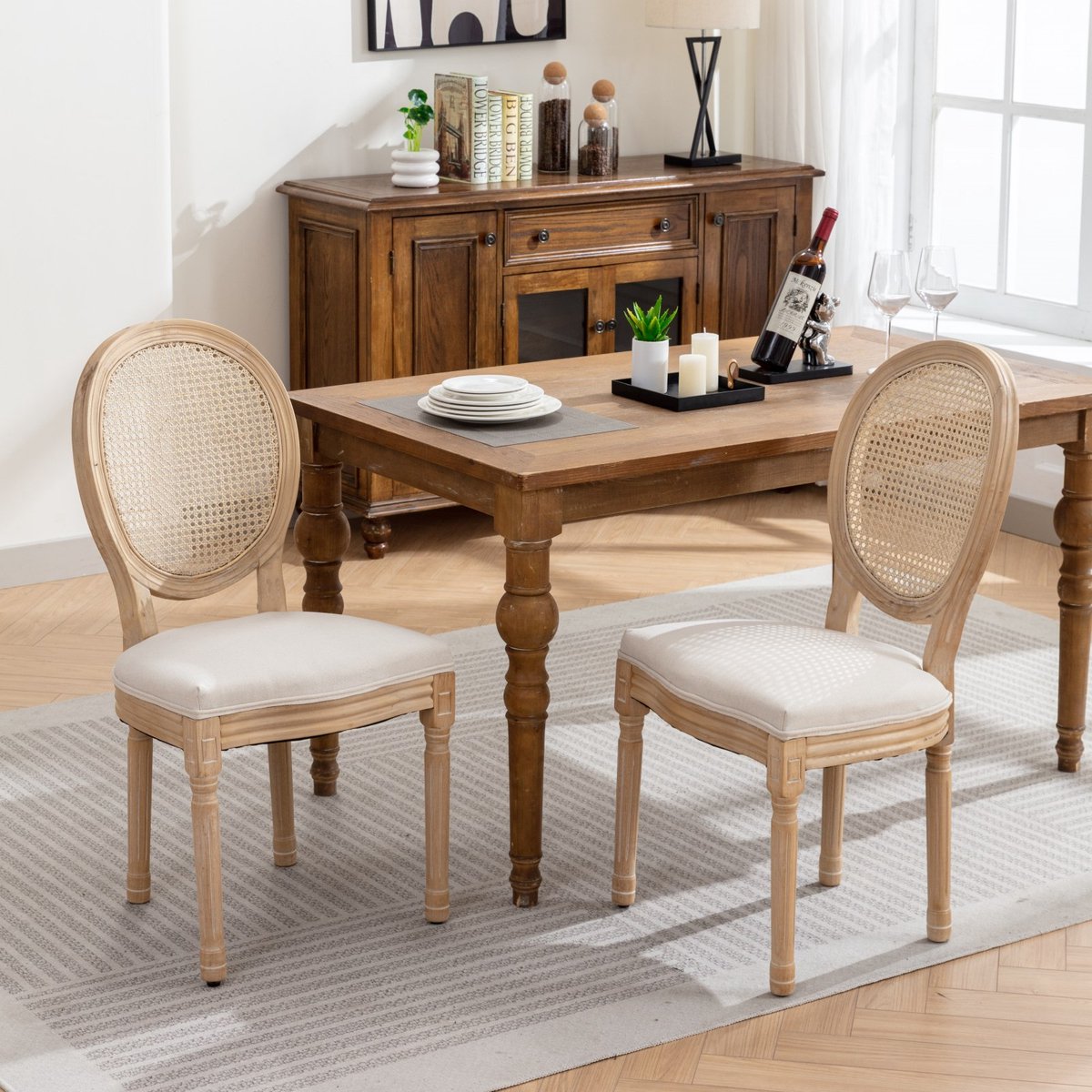 STILVORA Eetkamerstoel 2 Stuks - Franse Stijl Met Rotan Rugleuning - Comfortabel Voor Eetk