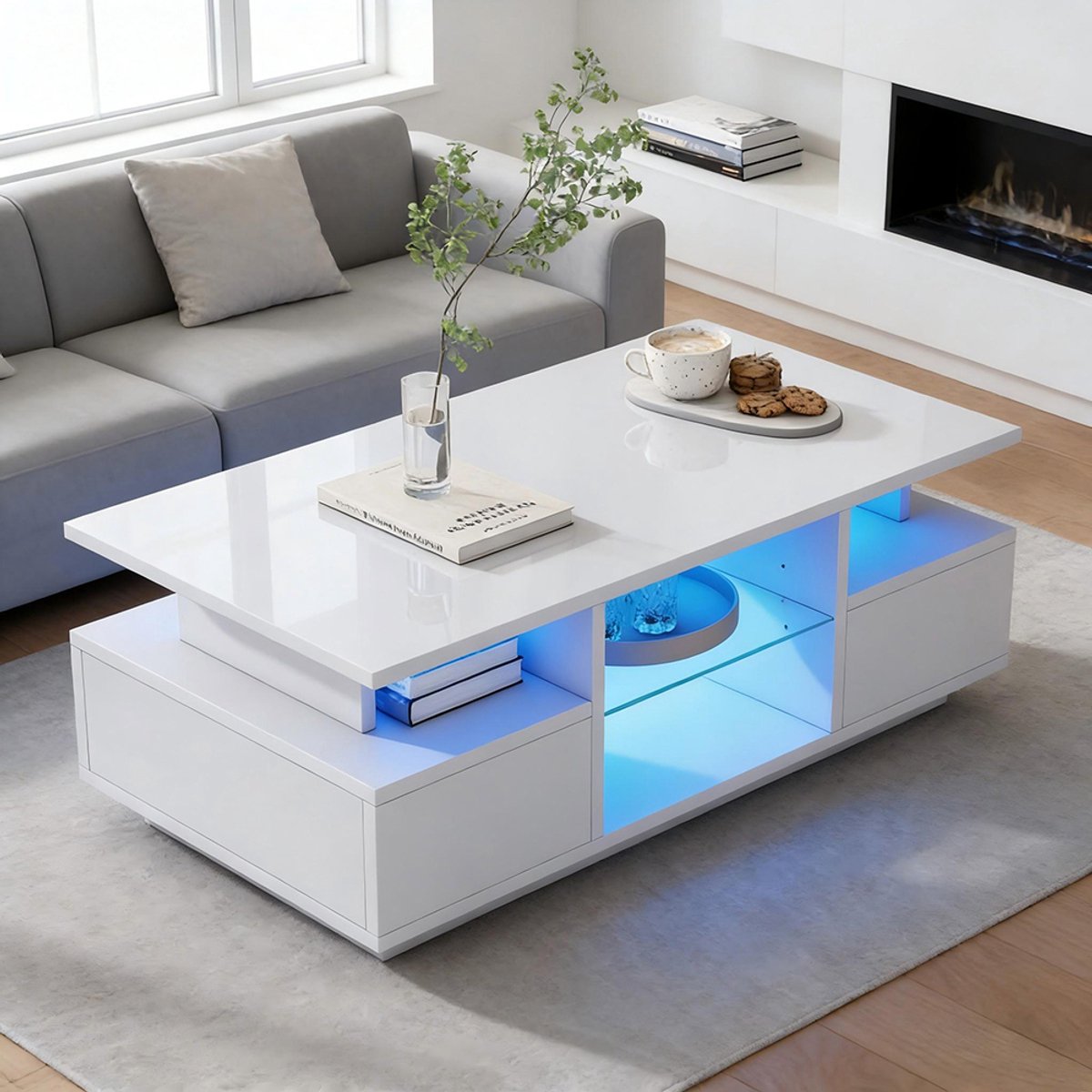 KOMHTOM Salontafel 100 x 50 x 36 cm met 2 lades, bijzettafel met heldere LED-verlichting, salontafel met open opbergruimte, glazen scheidingswand, theetafel, banktafel, salontafel, wit