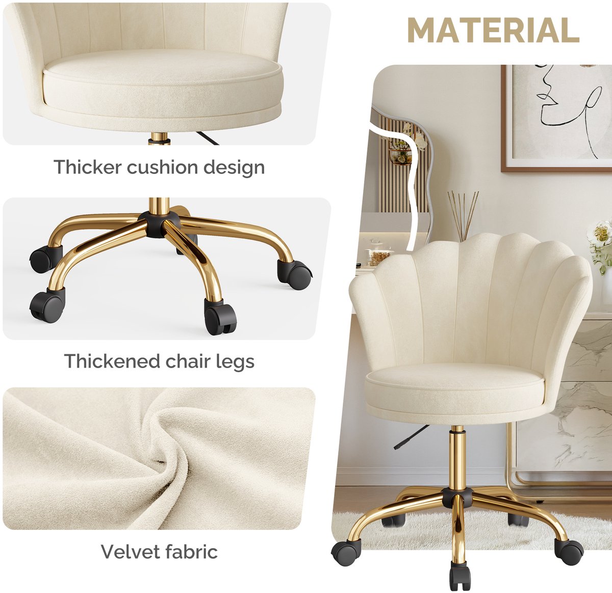 Kary International Fluwelen Bureaustoel Verstelbaar met Wieltjes - afbeelding 2