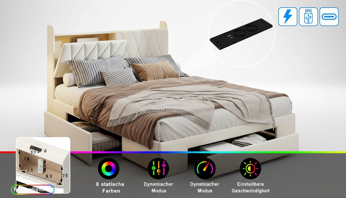 Bedframe 140x200 cm – Casa Velluto Aurora Luxe Fluwelen Tweepersoonsbed met 3 Opberglades, Hoofdbord met Vakken, LED Verlichting & USB-C – Met Lattenbodem – Beige N