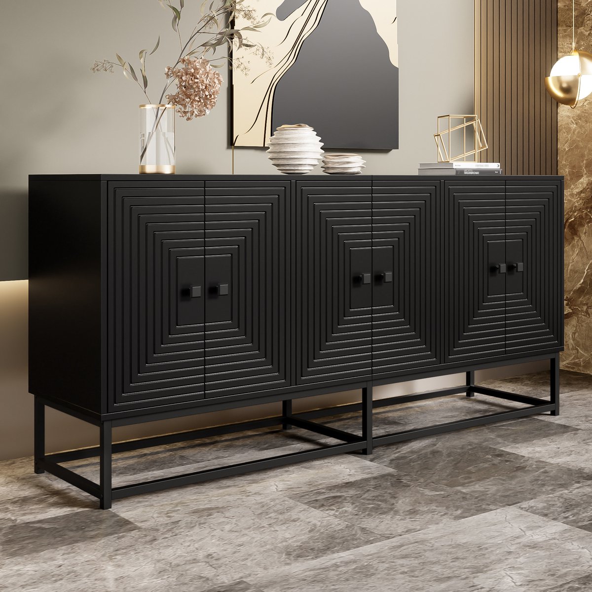 HAUSS SPOLE Dressoir - Mat Zwarte Opbergkast Met Reliëf Deuren - 3 Dubbele Deuren - Verhoogde Sokkel Zachte Scharnieren - Spaanplaat - 160x38x75,5 cm - Zwart