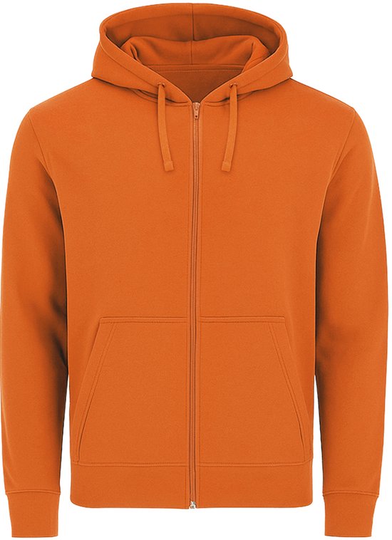 Oranje hoodie met rits, van voren gezien.