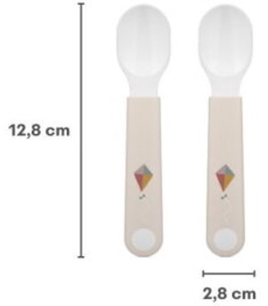 Twee witte oefenlepels met beige handvatten, met afmetingen 12,8 cm lang en 2,8 cm breed.