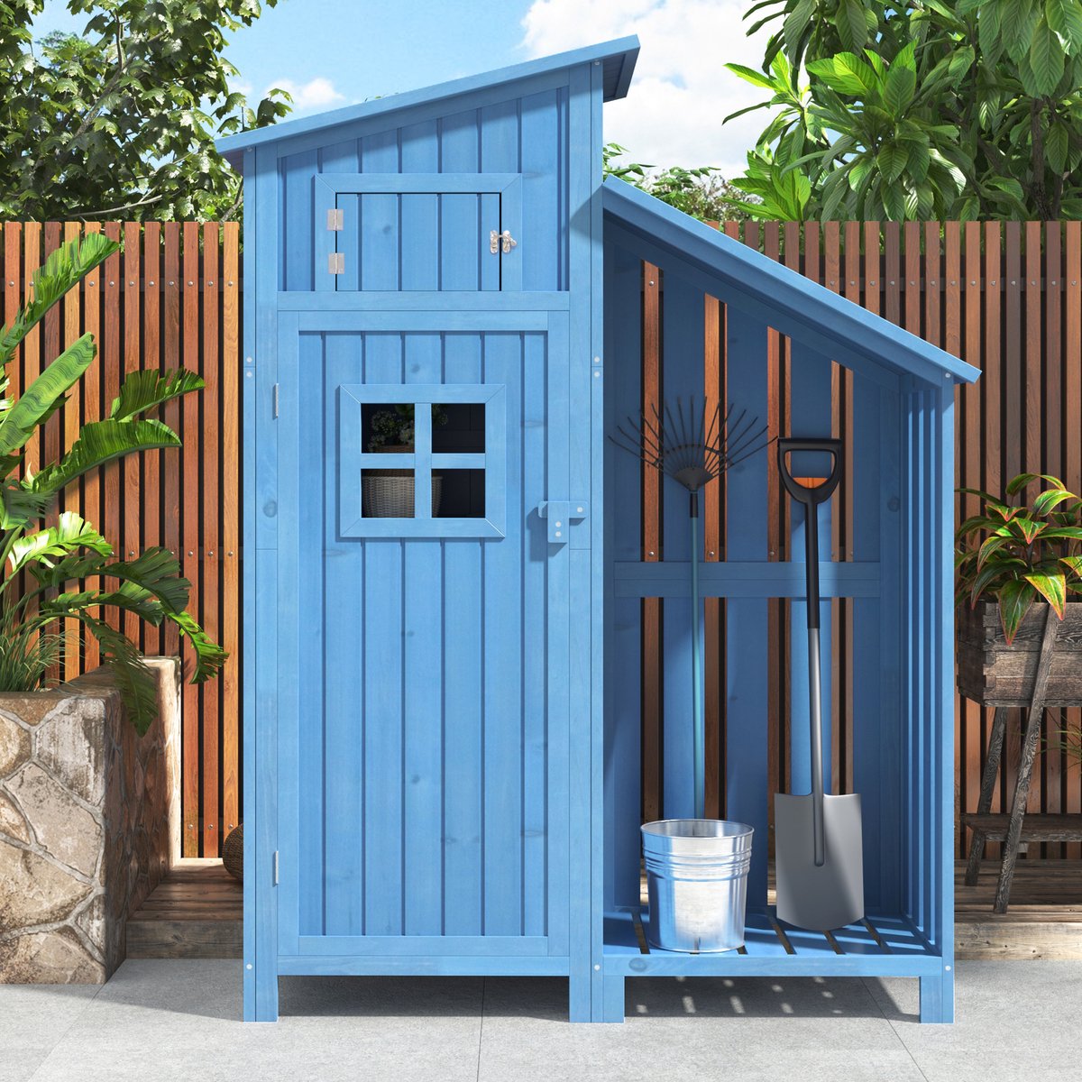 OKWISH Gereedschapsschuur Waterdicht – 124x46x174 Cm – Massief Hout – Blauw – Tuin Terras Balkon – Met 2 Planken
