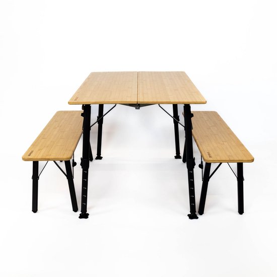 EveBase® Flex Bamboe Campingtafelset - Inklapbare Campingtafel en Campingbankjes - In Hoogte Verstelbare Tafel - Weersbestendig - Met Opbergtas — afbeelding 2