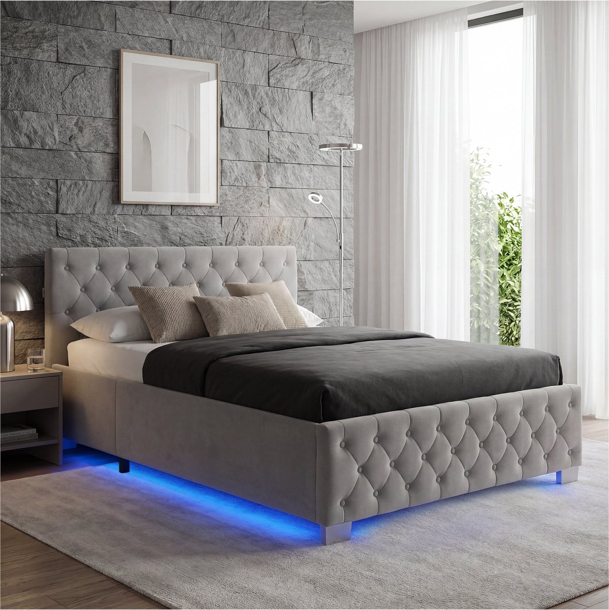 tectake® Gestoffeerd bed met lattenbodem - 120 x 200 cm - Donkergrijs - Twijfelaar - Bedfr