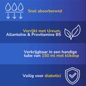 Iconen die snelle absorptie, ingrediënten (Ureum, Allantoïne, Provitamine B5) en een 150ml tube met klikdop tonen.