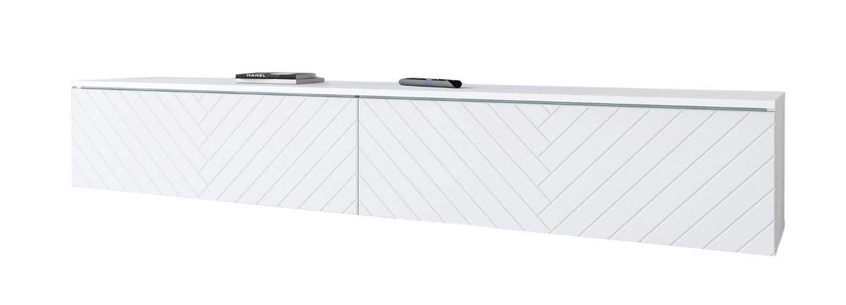 Design TV-Meubel 180 cm – RTV Meubel met Visgraatmotief – Hangend of Staand – 2 Deuren – Wit Mat – Voor TV's tot 77 inch