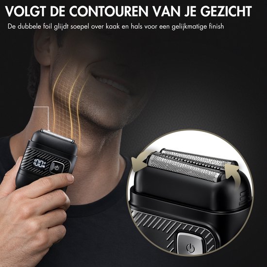 Man scheert met zwart scheerapparaat dat de contouren van het gezicht volgt. Inzet toont de flexibele scheerkoppen.