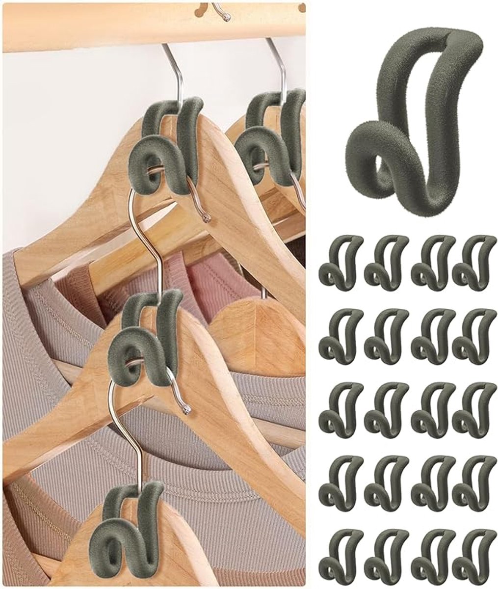 Famanu – Verbindingshaken voor kleerhangers - 20 stuks - fluwelen bekleding - antislip - ruimtebesparend - grijs