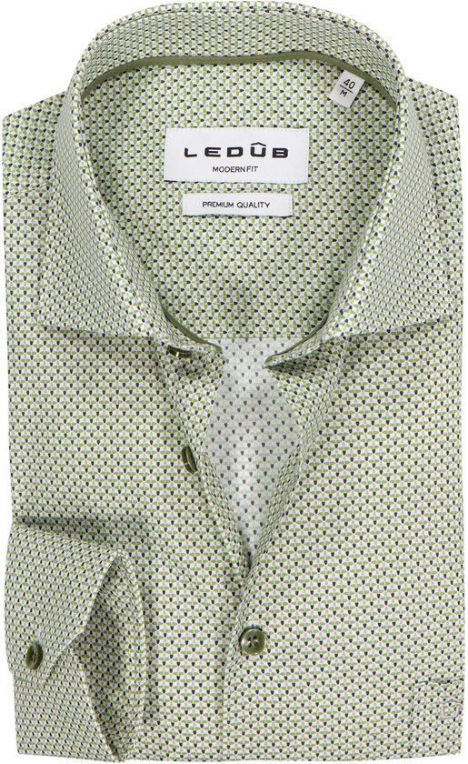 Ledub modern fit overhemd - popeline - wit met groen en blauw dessin - Strijkvriendelijk - Boordmaat: 40