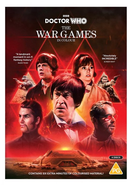 Doctor Who: The War Games in Colour DVD-hoes, met de Dokters, Jamie, Zoe en de War Lord, met piramides en een landingsvoertuig.