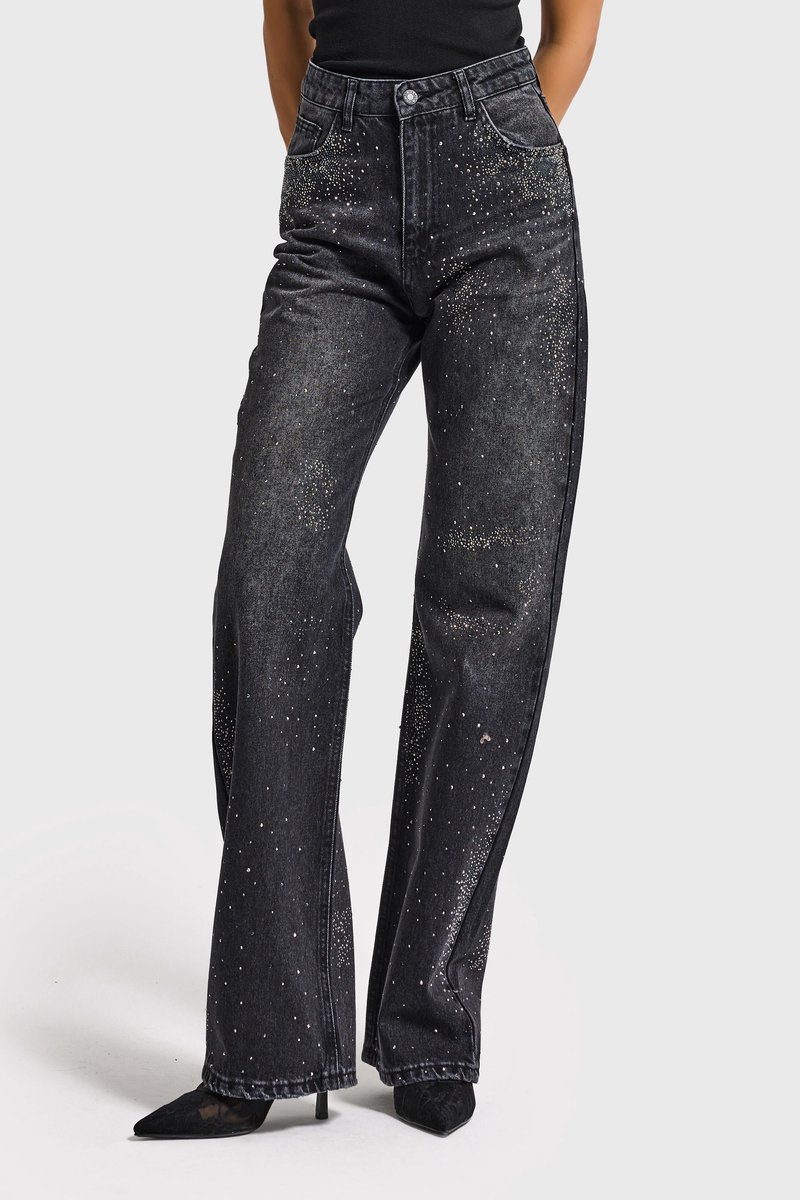 It's Basic - RHINESTONE STRAIGHT MID RISE JEANS - SOFT BLACK