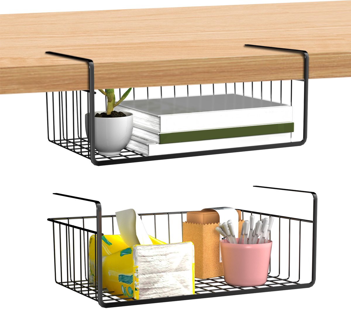 ACXIN Hangmand - 2 stuks - Zwart - Onder Plank Organizer voor Keuken, Badkamer - 40×25×15 cm - Max. 5 kg per Mand