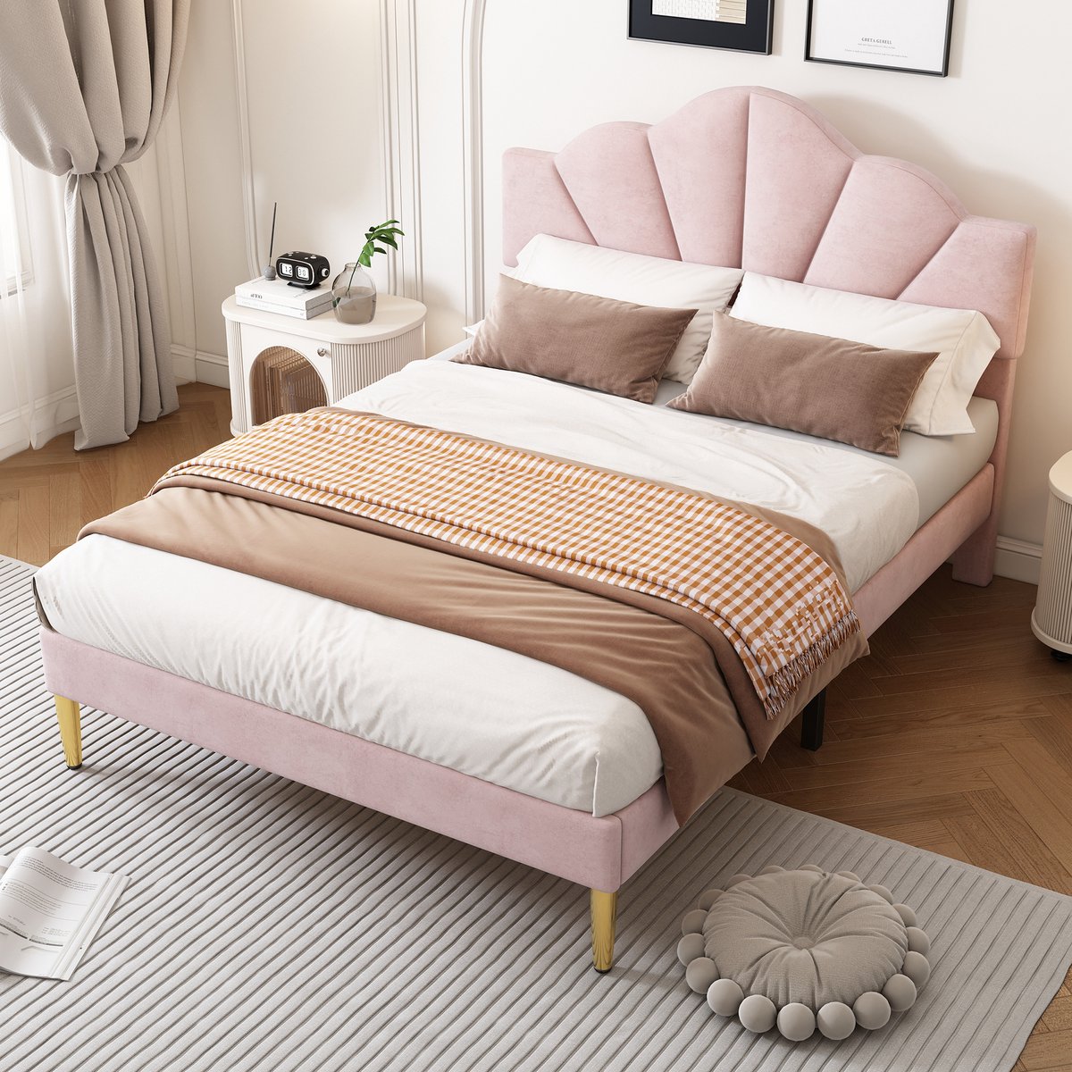 STILVORA Gestoffeerd Bed 140x190 cm – Schelpvormig Hoofdbord Verstelbaar – Houten Lattenbodem – 22 Cm Ruimte Onder Bed – Zonder matras – Fluweel – Roze