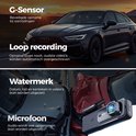 Zwarte dashcam met afbeeldingen van auto's en tekst "G-Sensor", "Loop recording", "Watermerk", "Microfoon".