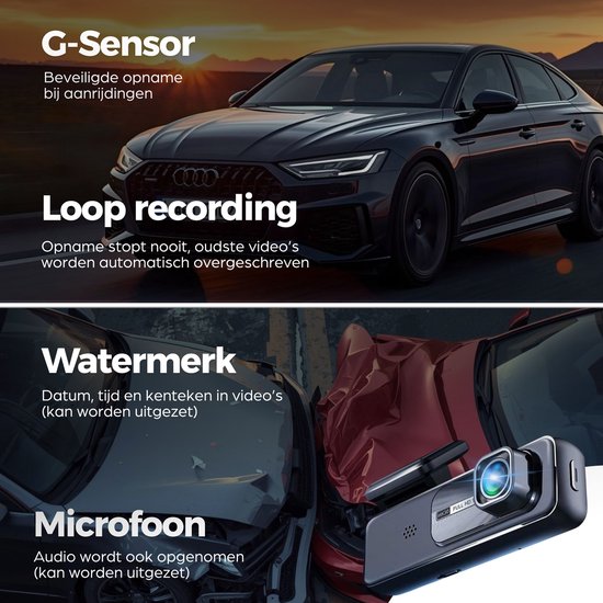 Zwarte dashcam met afbeeldingen van auto's en tekst "G-Sensor", "Loop recording", "Watermerk", "Microfoon".
