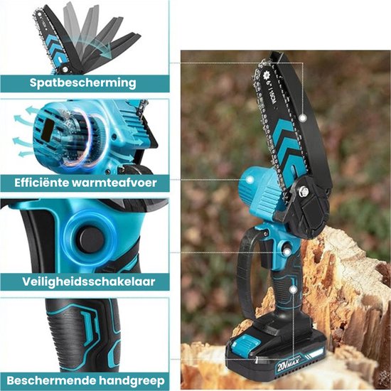 Norvix® Elektrische Mini Kettingzaag - Brushless Snoeizaag - 2 Geleiderail&2 Kettingen– 6 Inch - 2 Accu's - Automatische Smering - Inclusief opbergkoffer en overige accessoires - Blauw van Merkloos	 — afbeelding 5