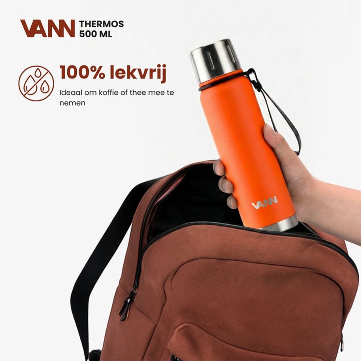 VANN® Kleine Thermoskan 500 ML – 3-Wandige RVS Thermosfles voor Koffie & Thee – 2-in-1 Dop als Beker – 100% Plasticvrij – Oranje – VANN Ritual Thermos® — cadeau in Koken & Dineren - foto 5