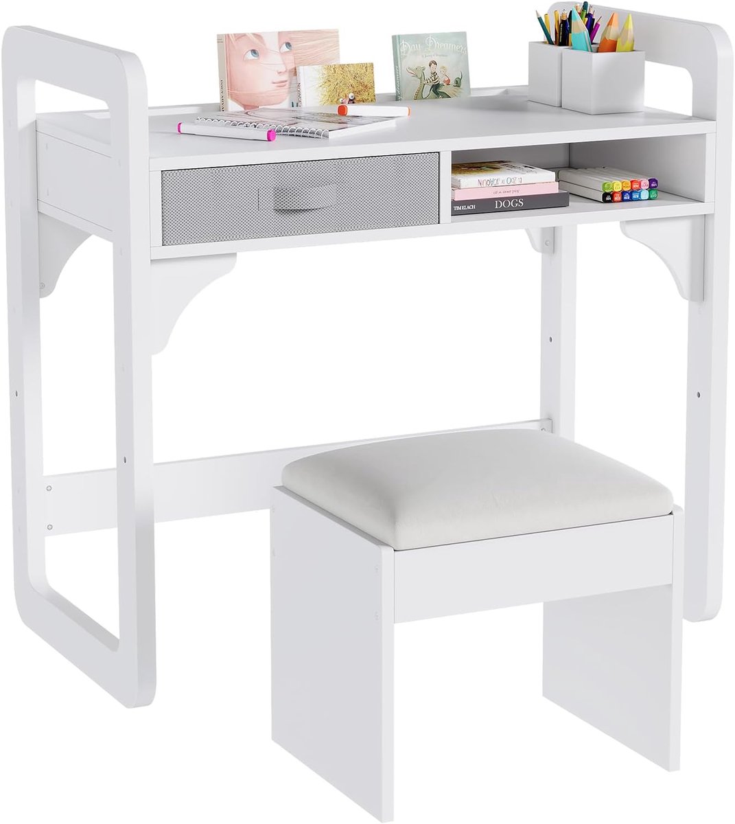 Kindertafel met Stoel - Kinderbureau met 2 Lades - Studiebureau voor Jongens en Meisjes 3-8 Jaar - 86x46x80 cm - wit