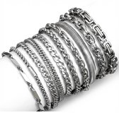 Set van 10 zilverkleurige schakel armbanden voor heren – diverse schakels en patronen – metaal