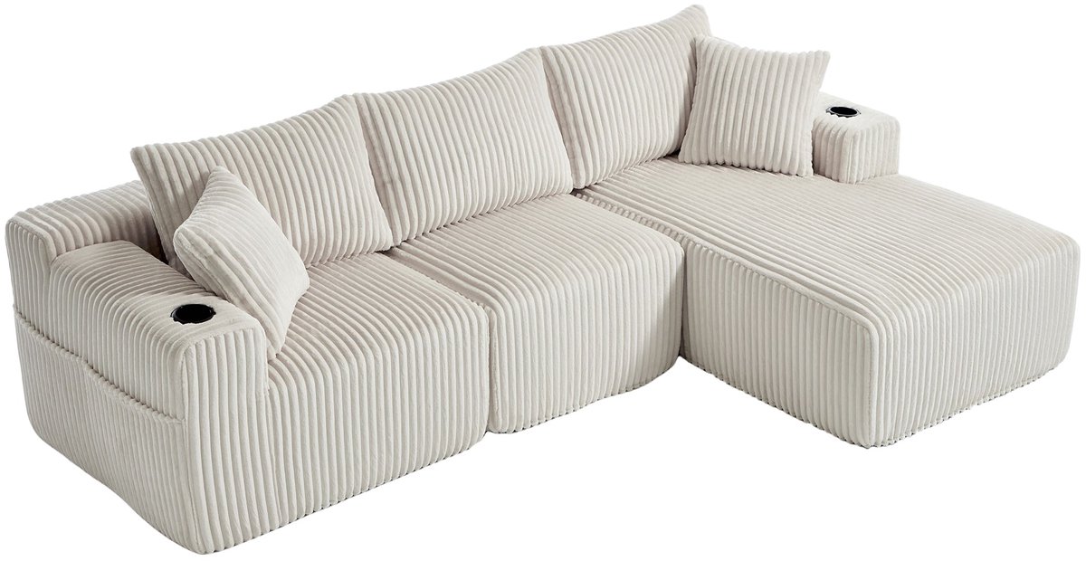 Merax Modulaire Hoekbank Met Loungegedeelte En 2-Zits - Cordstof - 5 Kussens - Zijvakken - Bekerhouders - Beige