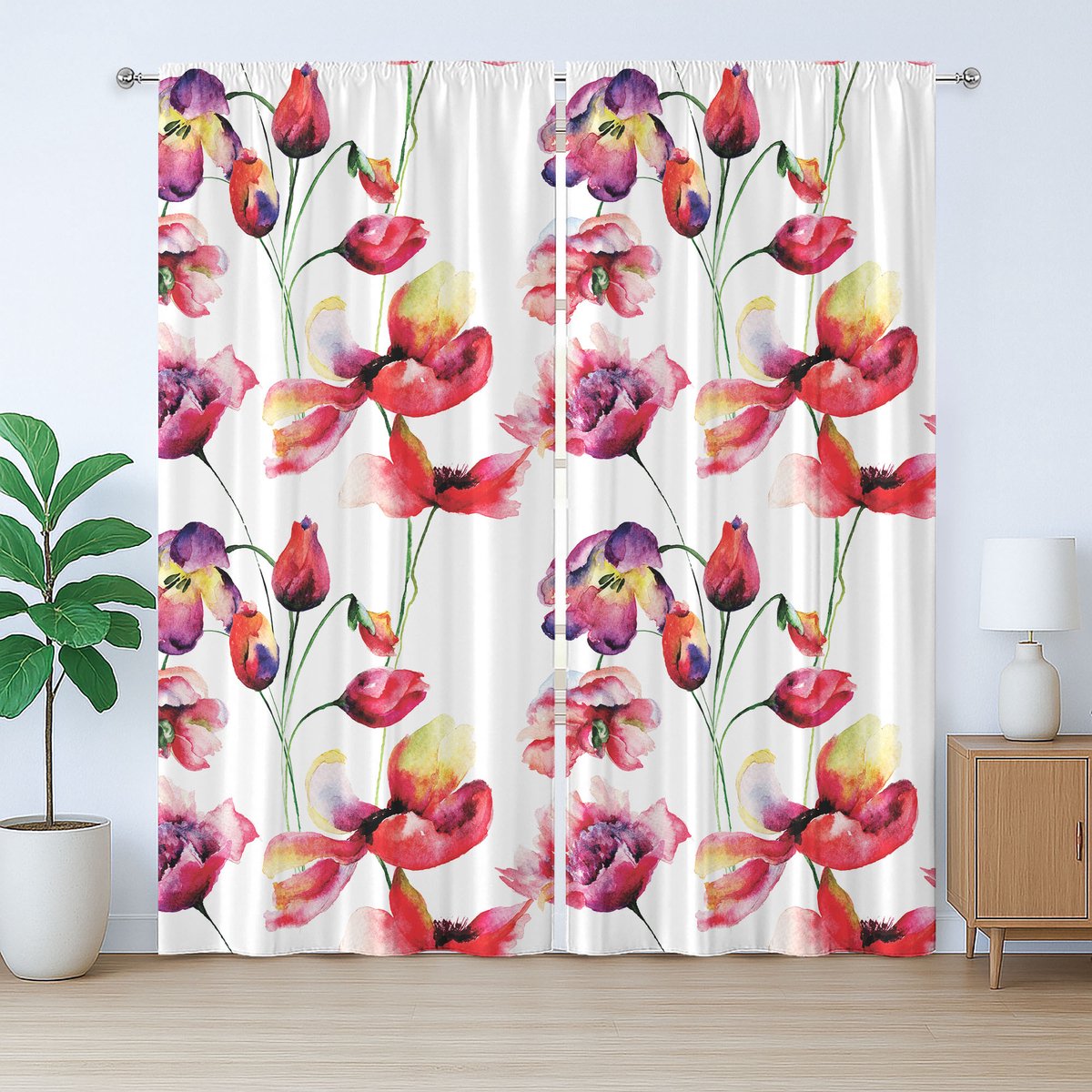 ABAKUHAUS Rustiek bloemengordijn, bloeiende tulp en klaproos, met lussen en haken voor de woonkamer, 280 x 245 cm, wit rood