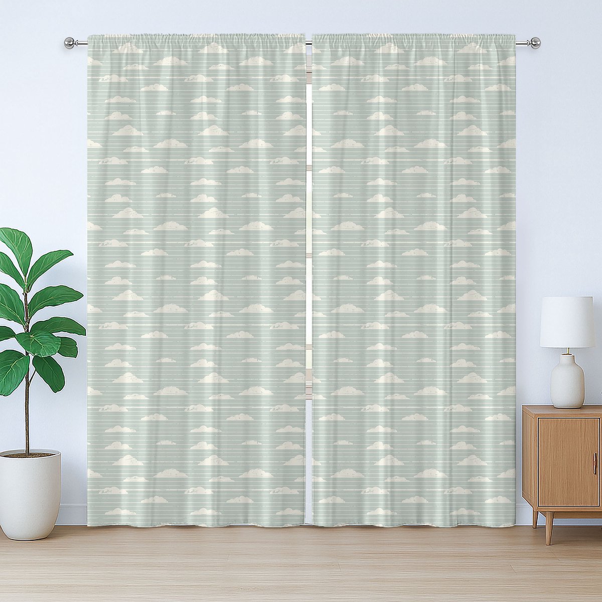 ABAKUHAUS Wolkengordijn, rustiek design, abstracte cumuluswolken met strepen, met lussen en haken, 280 x 225 cm, ivoor en licht zeegroen