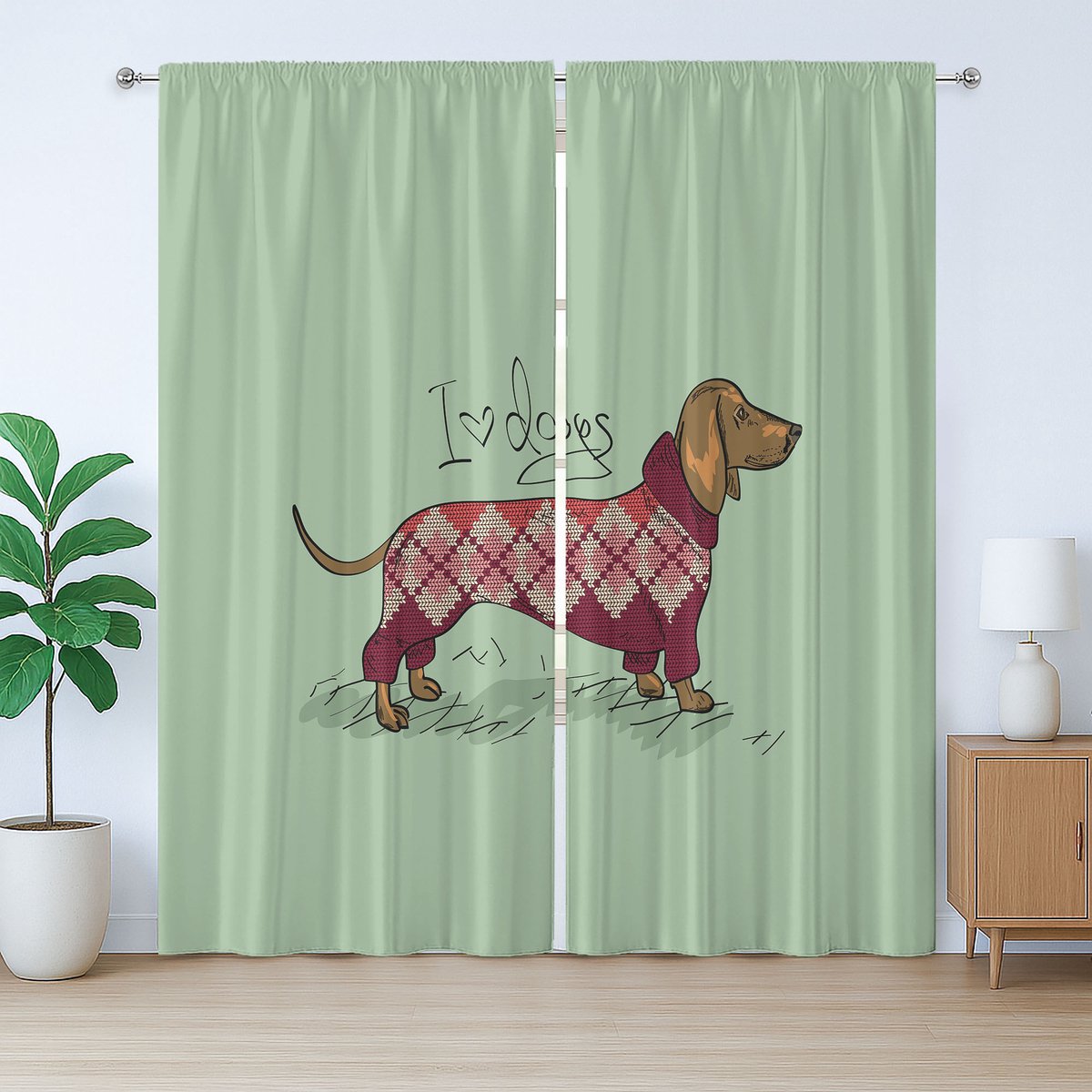 ABAKUHAUS Teckel rustiek gordijn, dier in kleren, met lussen en haken voor de woonkamer, 280 x 225 cm, pistachegroen