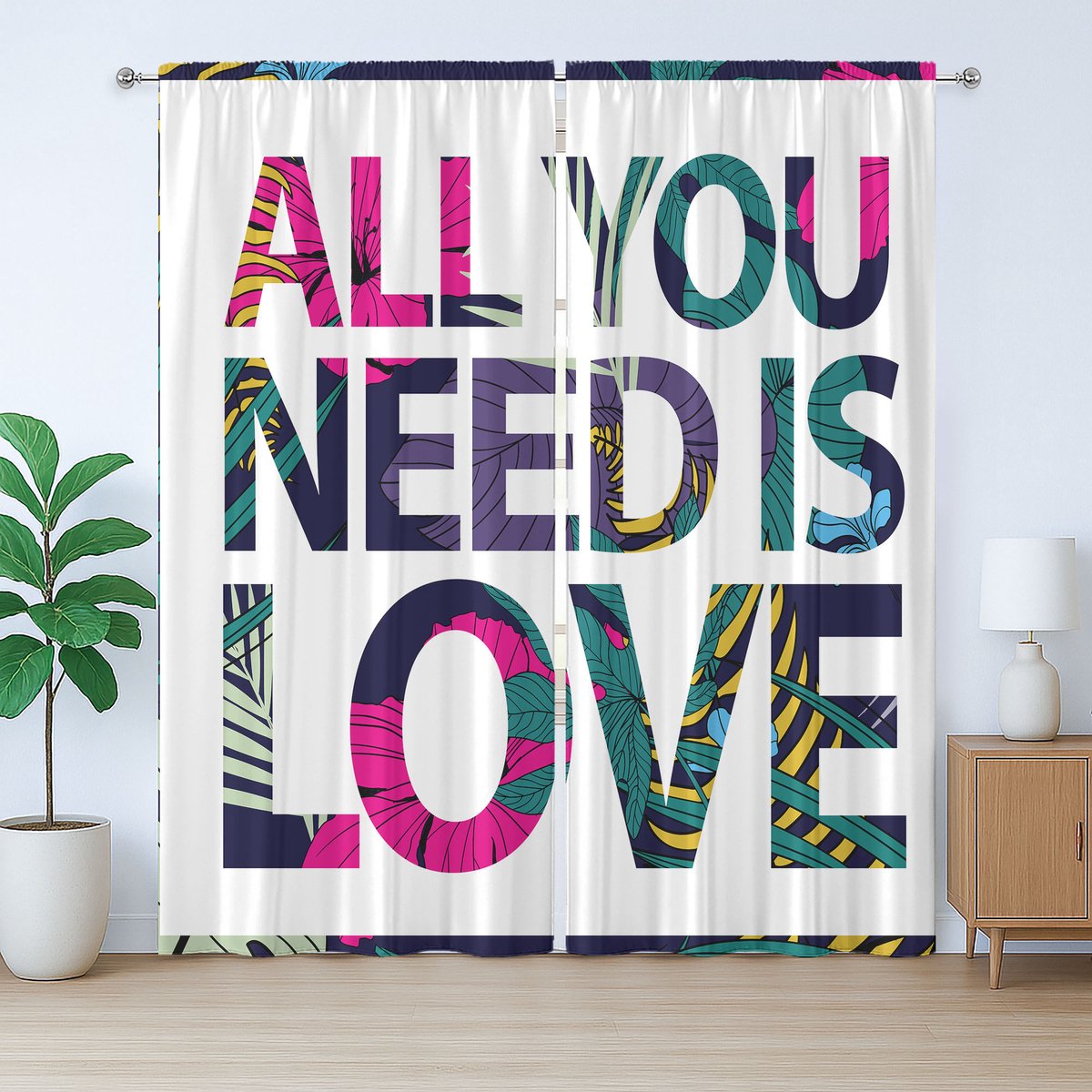 ABAKUHAUS Rustiek gordijn met meisjesslogan, All You Need Tropical, met lussen en haken voor de woonkamer, 280 x 175 cm, meerkleurig