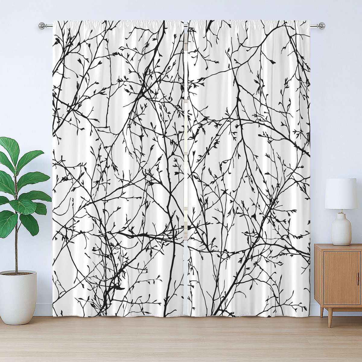 ABAKUHAUS Rustiek boomgordijn, takken met bladeren en knoppen, slaapkamergordijn met lussen en haken, 280 x 175 cm, zwart-wit
