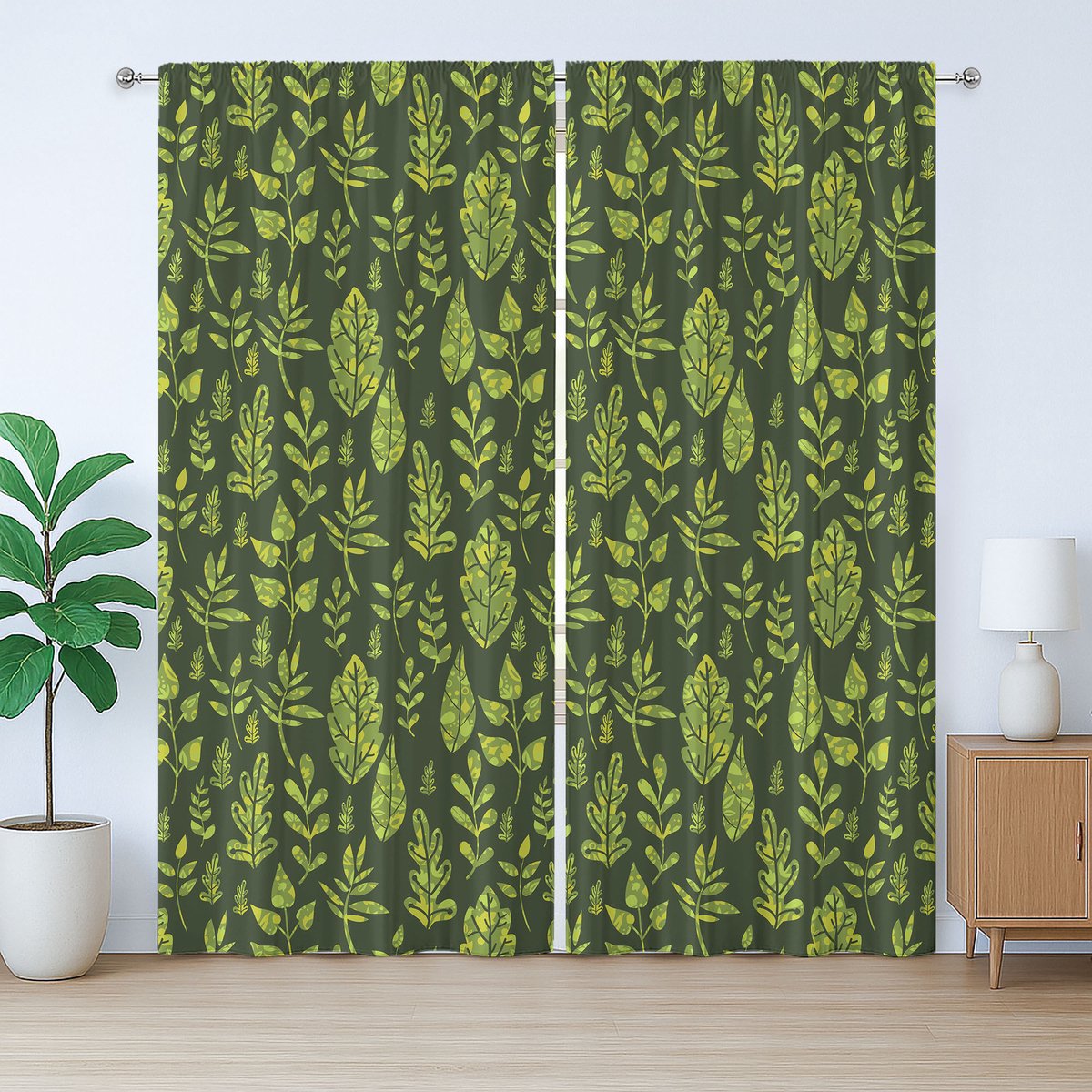 ABAKUHAUS Rustiek Saliegroen Gordijn, Patroon Groene Bladeren, Slaapkamergordijn met Plooiing, Lussen en Haken, 280 x 225 cm, Appelgroen Donkergroen