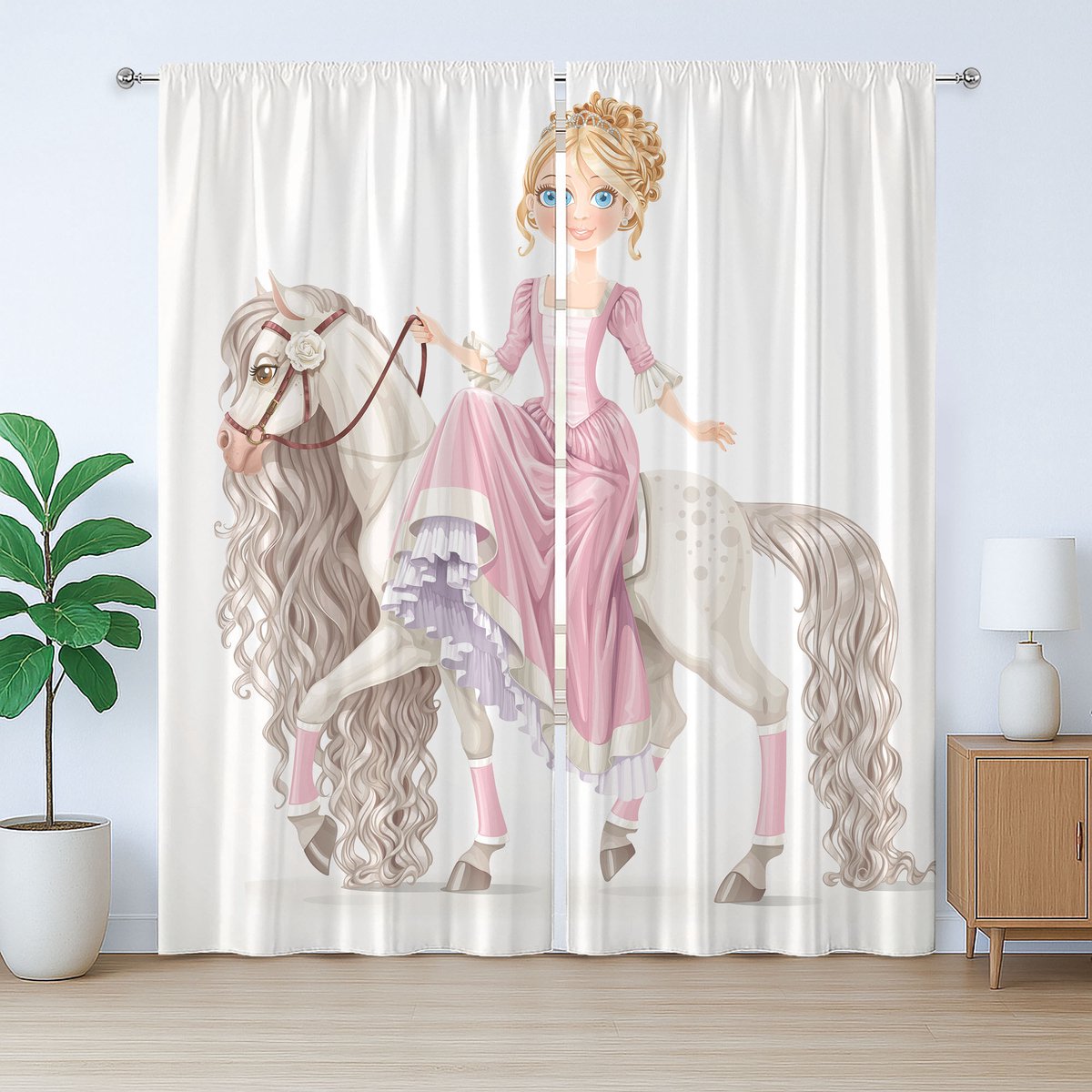 ABAKUHAUS Vrouwelijk rustiek gordijn, prinses op wit paard, met lussen en haken voor de woonkamer, 280 x 260 cm, roze