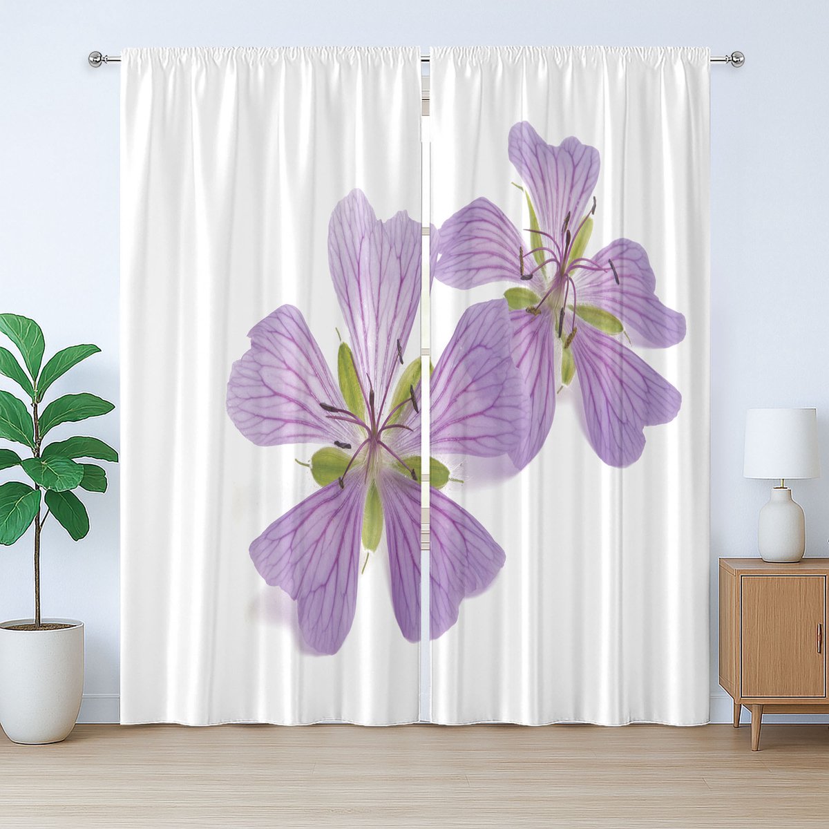 ABAKUHAUS Pelargonium rustiek gordijn, foto van bloemen en knoppen, met lussen en haken voor de woonkamer, 280 x 245 cm, lavendelwit