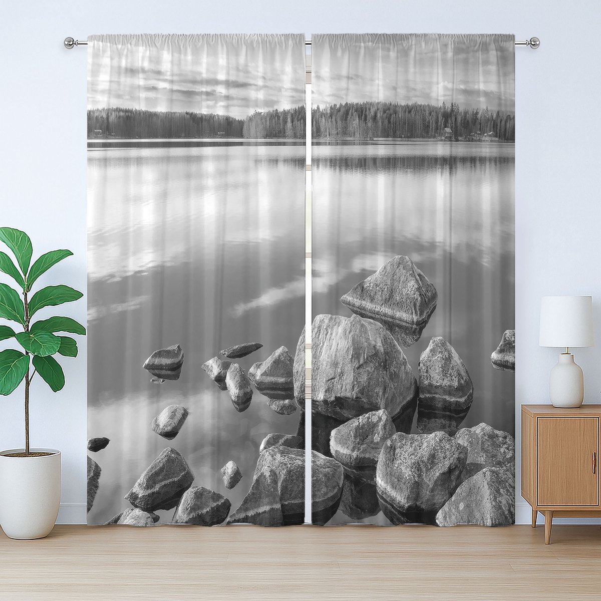 ABAKUHAUS Rustiek Herfstgordijn, Rotsen aan de oever van een meer, Universele gordijnen met lussen en haken voor de woonkamer, 280 x 225 cm, Zwart-wit