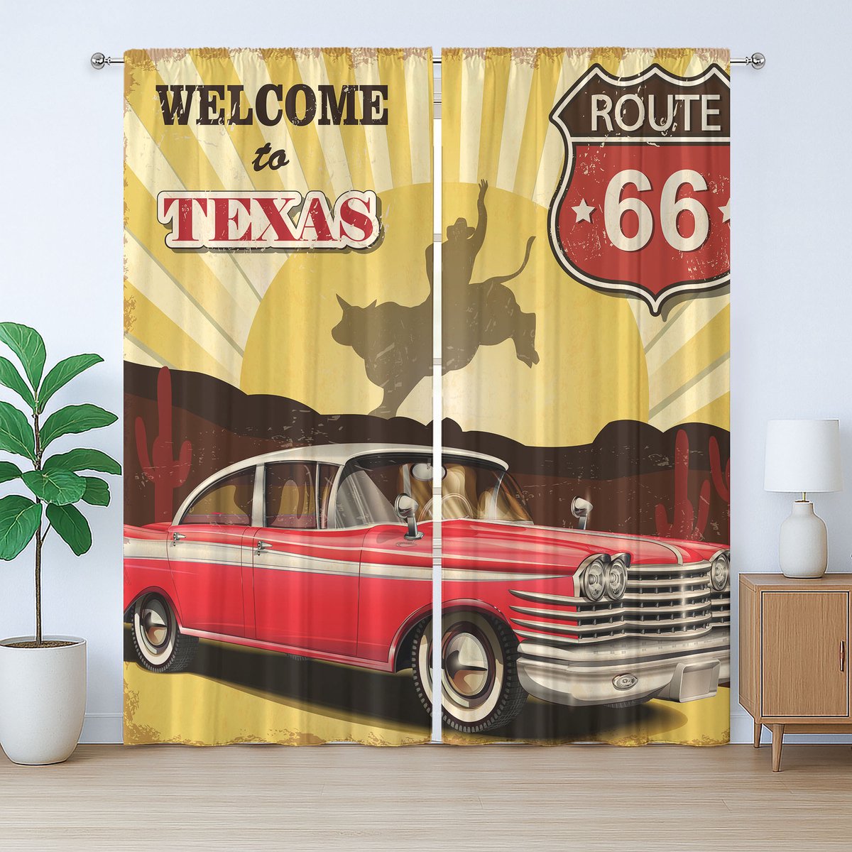 ABAKUHAUS Western Rustic Gordijn, Texas Car Cowboy Tekst, met Bandjes, Lussen en Haken voor de Woonkamer, 280 x 245 cm, Mosterd Donker Koraal