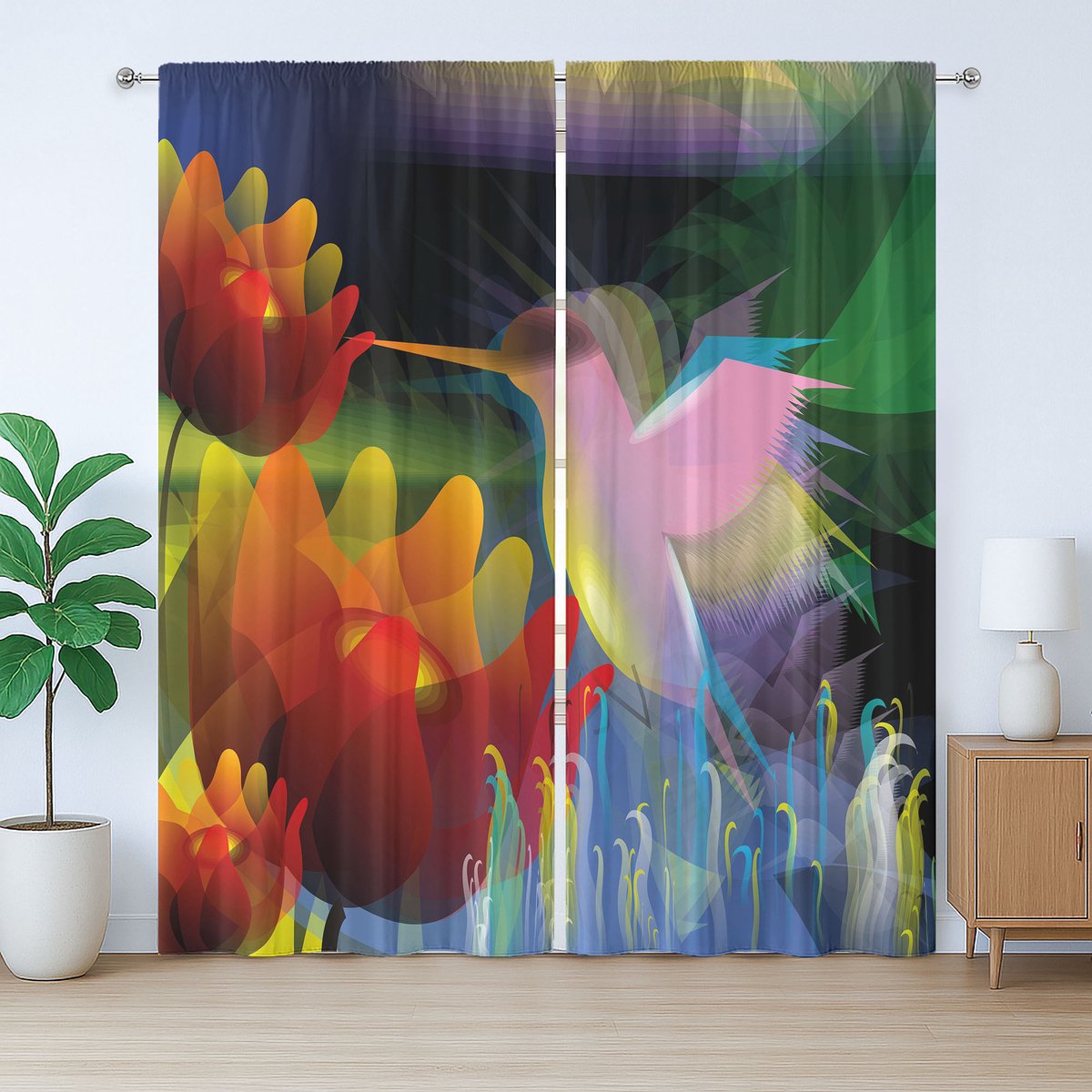 ABAKUHAUS Art Rustiek Gordijn, Fantasie Digitale Schildering, met Bandjes voor de Woonkamer met Lussen en Haken, 280 x 175 cm, Blauw Groen Roze Rood