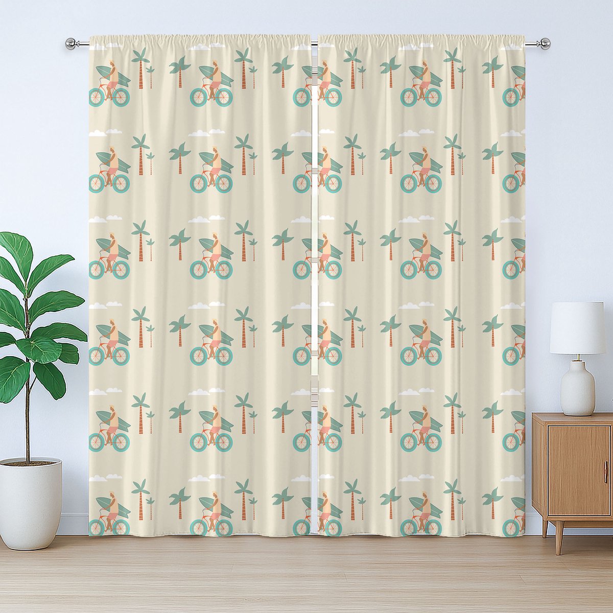 ABAKUHAUS Surfer rustiek gordijn, fiets met longboard, met lussen en haken voor de woonkamer, 280 x 245 cm, turquoise bruin