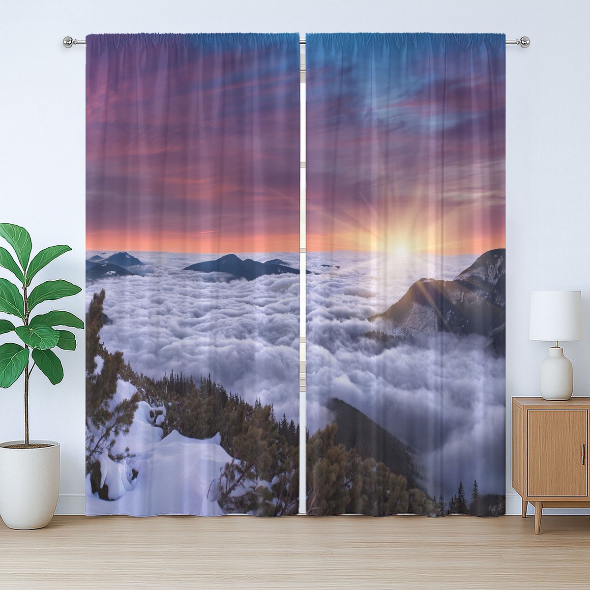 ABAKUHAUS Rustiek Natuurlijk Gordijn, Winterlandschap Zonsondergang, Gordijn met Geplooide Band, Lussen en Haken, 280 x 260 cm, Wit Bruin Mauve