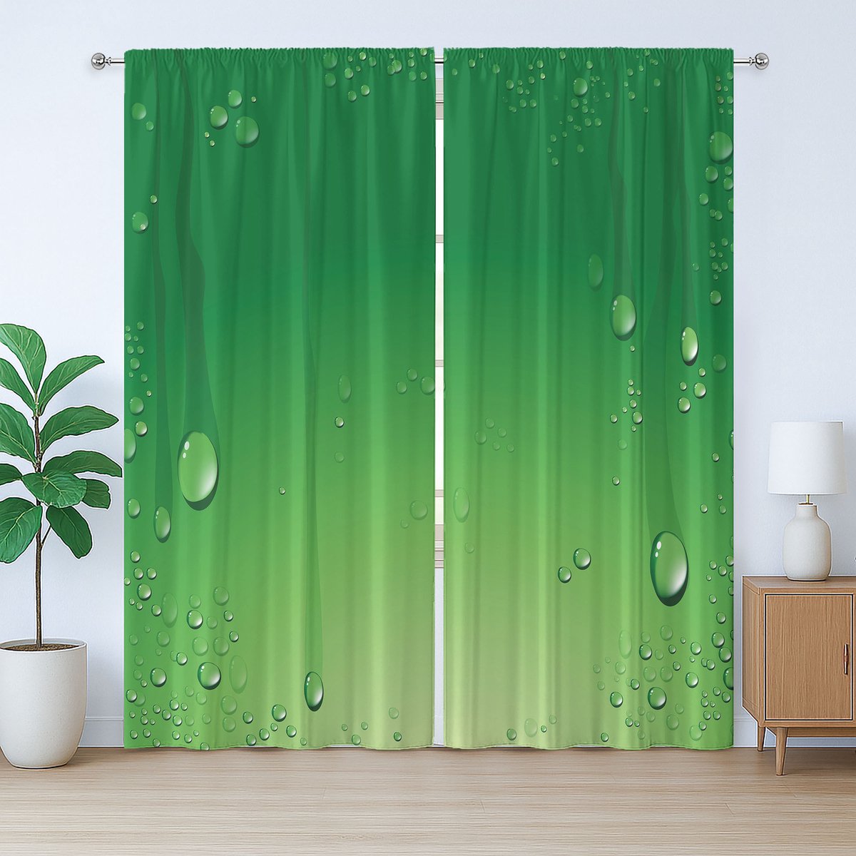 ABAKUHAUS Groen Rustiek Gordijn, Abstracte Kunst Waterdruppels, met Bandjes met Lussen en Haken, 280 x 260 cm, Appelgroen Varengroen