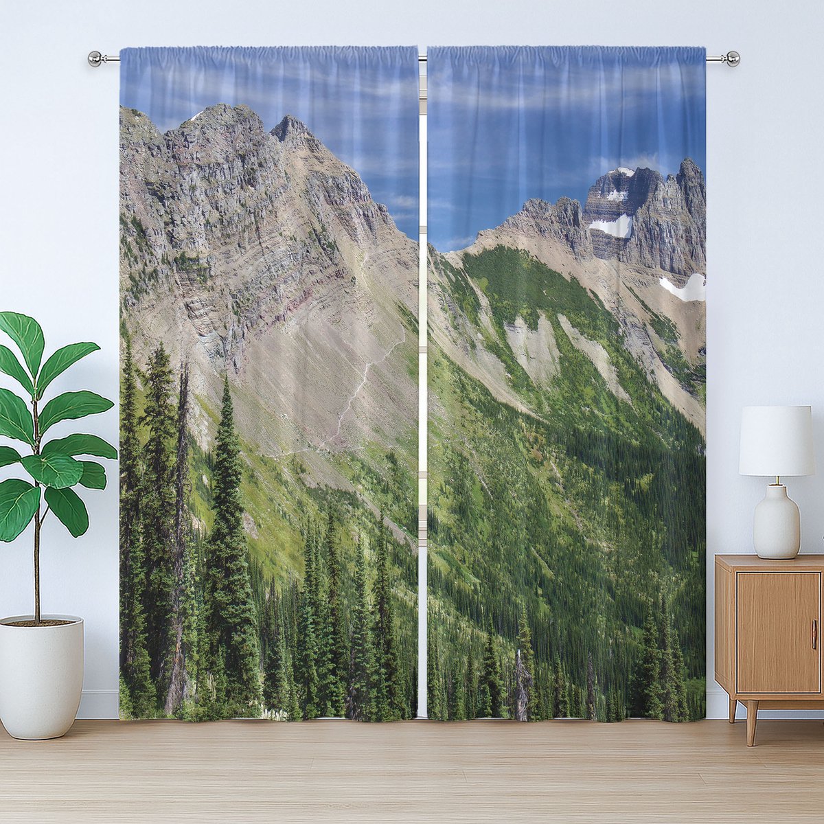 ABAKUHAUS Rustiek Landschap Gordijn, Hoge Bergen en Bos, Slaapkamer Gordijn met Plooiing, Lussen en Haken, 280 x 175 cm, Olijfgroen Meerkleurig