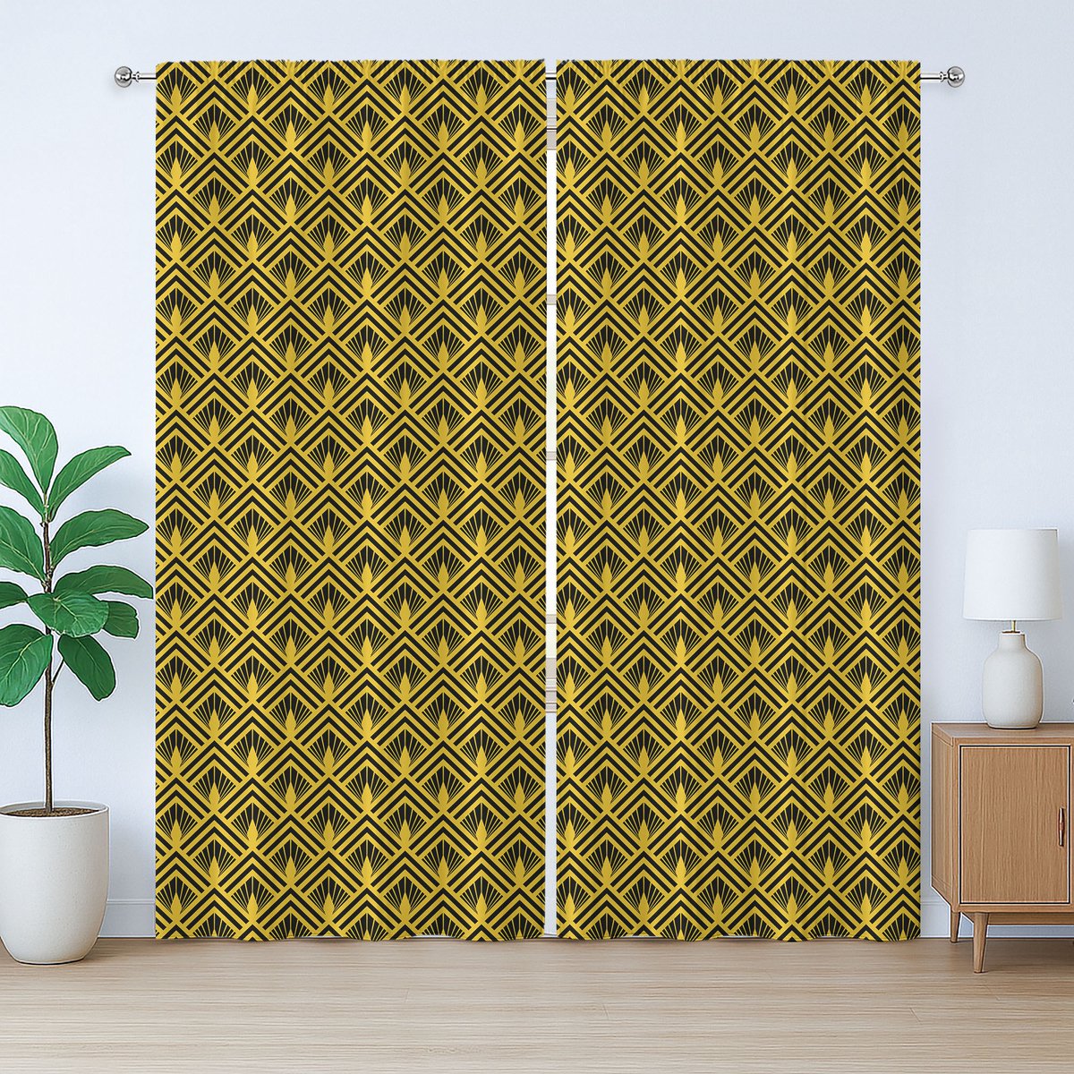 ABAKUHAUS Geel en Zwart Rustiek Gordijn, Art Deco Geïnspireerd Design, met Bandjes en Lussen voor de Woonkamer, 280 x 225 cm, Geel Antracietgrijs