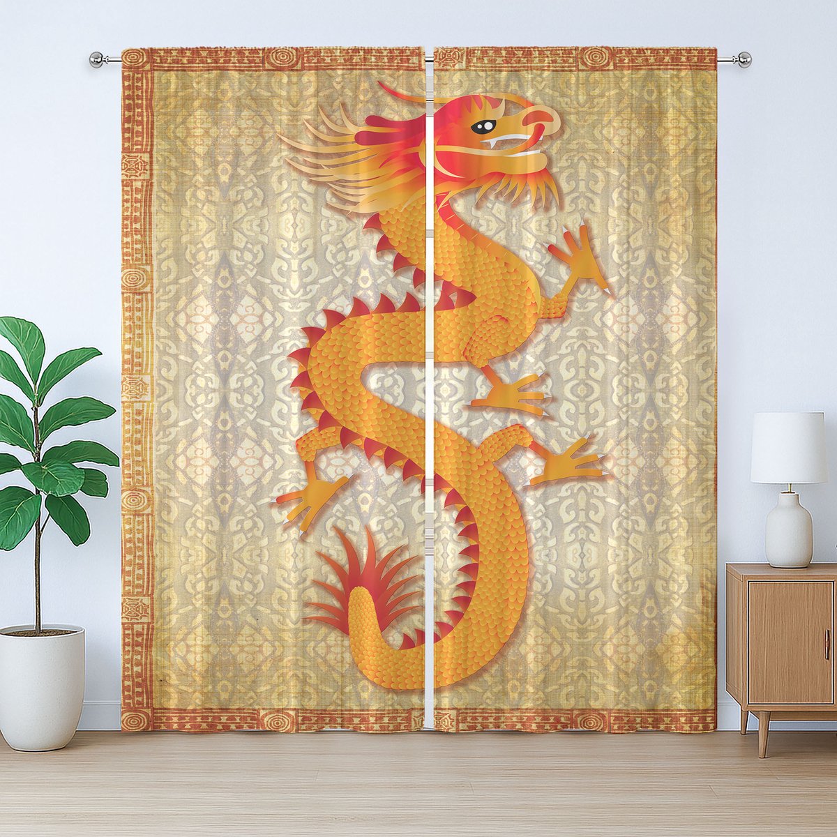 ABAKUHAUS Drakengordijn, rustiek, Chinese volkselementen, slaapkamergordijn met plooien, lussen en haken, 280 x 225 cm, Oranje Vermiljoen Abrikoos