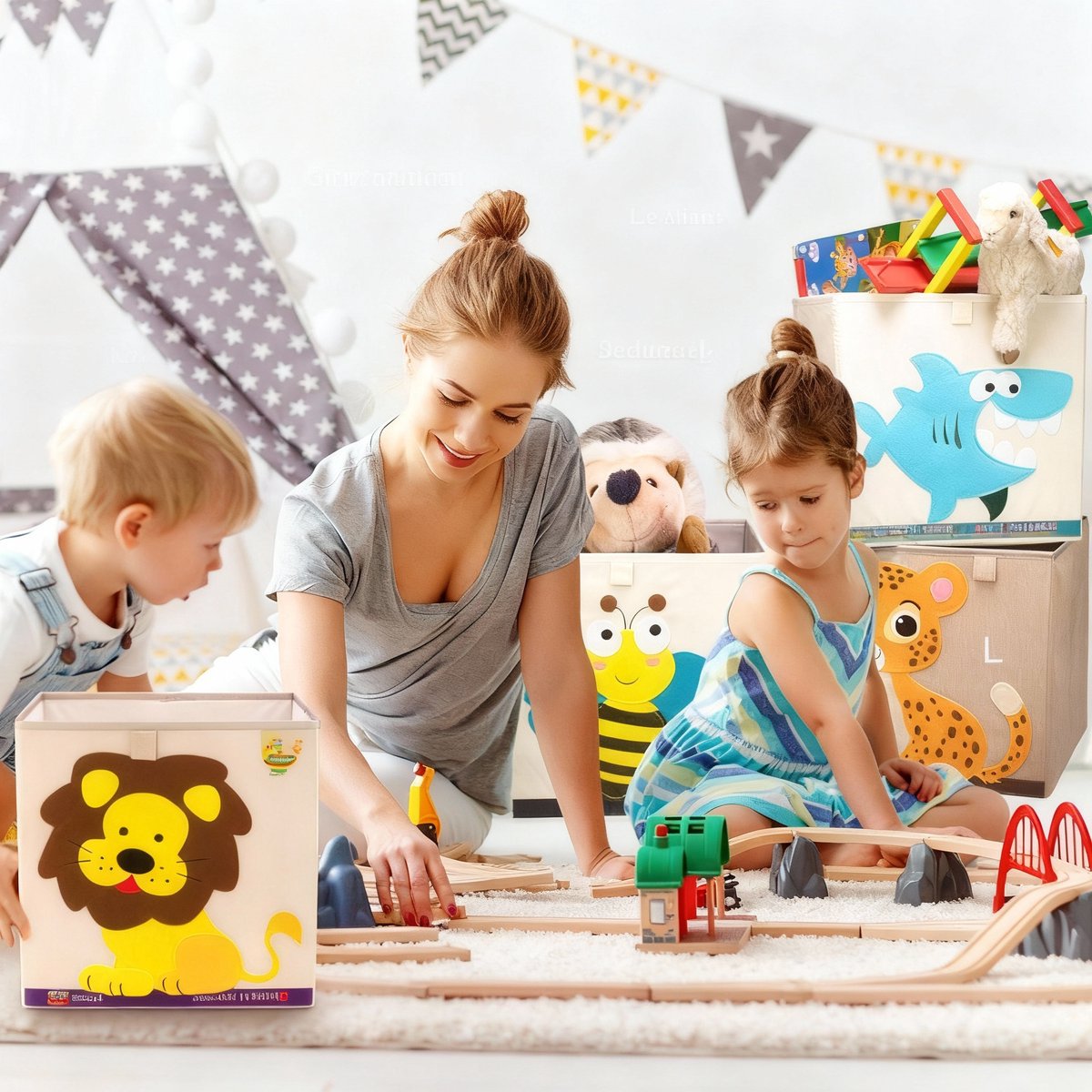 Opbergdoos van stof voor kinderen "haai" op lichte achtergrond, compatibel met Ikea Kallax Lifeney