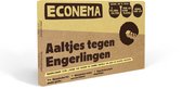 Doosje Econema aaltjes tegen engerlingen. Met de tekst: "Aaltjes tegen Engerlingen", "Hoeveelheid: 5 miljoen aaltjes" en "voor >25 kamerplanten".