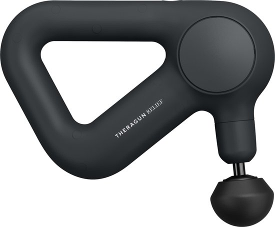 Zwart Theragun Relief massagepistool met een ronde opzetkop, op een witte achtergrond.