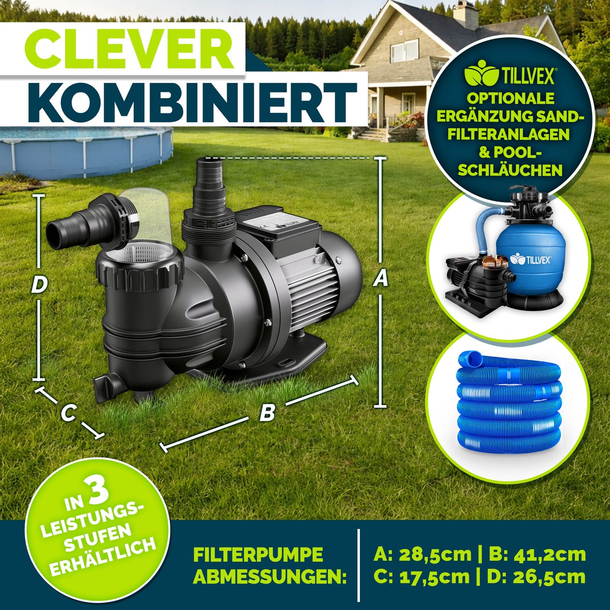 tillvex® Filterpompe Zwembad 9.500L/u & 550W | Zwembadpomp Opvoerhoogte max. 10m | Poolfilter Circulatiepomp voor 40m³ Zwembaden | Zwembadpomp Zelfinzuigend voor Opzetzwembad Spa met Voorfilter – foto 7